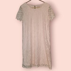 Juicy Couture Light/Pastel Pink Lace Short-Sleeve Shift Dress Scoop Neck Floral